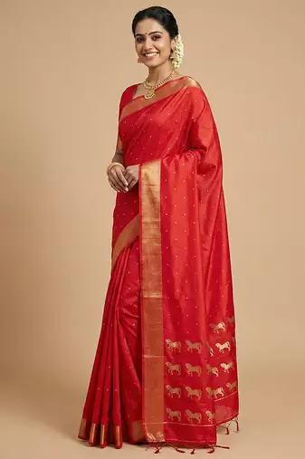 auspicious red soft silk blend saree | bridal & puja wear with gold zari