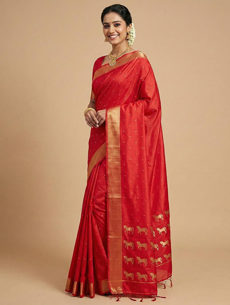 auspicious red soft silk blend saree | bridal & puja wear with gold zari
