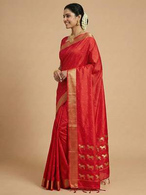 auspicious red soft silk blend saree  2