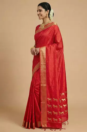 auspicious red soft silk blend saree 