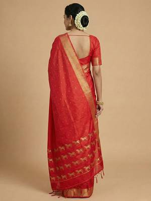 auspicious red soft silk blend saree  3