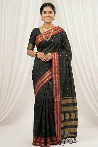 the midnight luxurious black soft silk blend saree with magenta & gold zari border