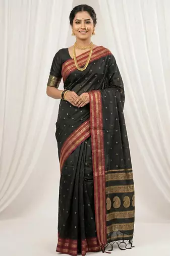 the midnight luxurious black soft silk blend saree with magenta & gold zari border