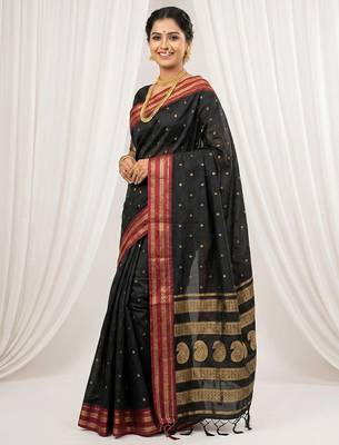 the midnight luxurious black soft silk blend saree with magenta & gold zari border 2