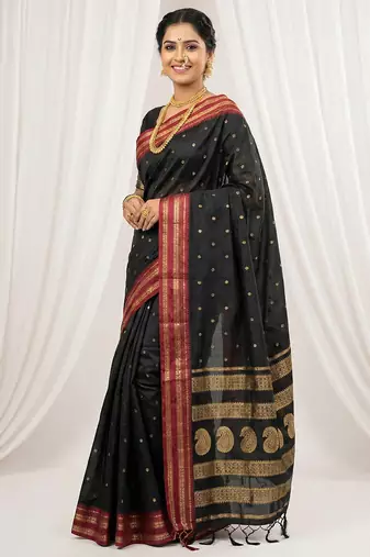 the midnight luxurious black soft silk blend saree with magenta & gold zari border