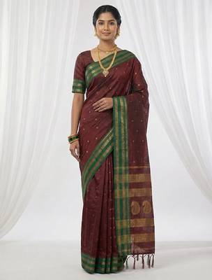 the regal ruby: deep maroon soft silk blend saree with contrast emerald green border 1