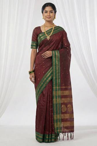 the regal ruby: deep maroon soft silk blend saree with contrast emerald green border