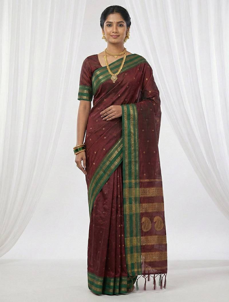 the regal ruby: deep maroon soft silk blend saree with contrast emerald green border