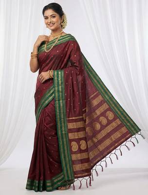 the regal ruby: deep maroon soft silk blend saree with contrast emerald green border 2