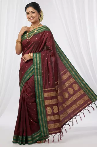 the regal ruby: deep maroon soft silk blend saree with contrast emerald green border