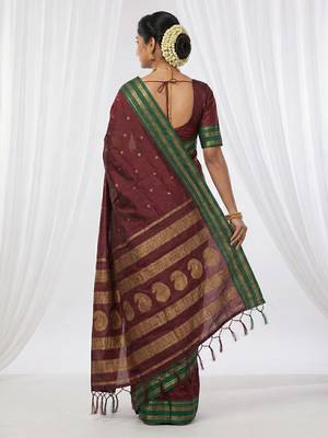 the regal ruby: deep maroon soft silk blend saree with contrast emerald green border 3