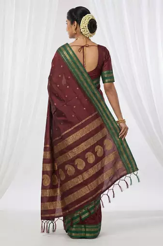 the regal ruby: deep maroon soft silk blend saree with contrast emerald green border