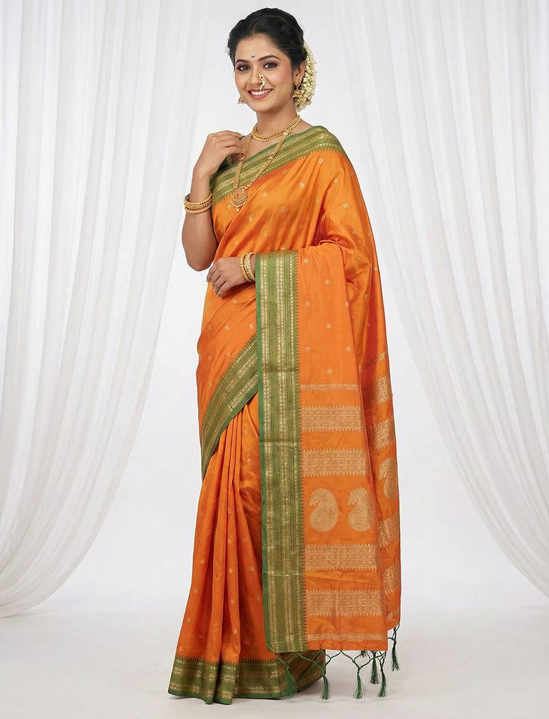 the sunset glow: vibrant orange soft silk blend saree with contrast green zari border