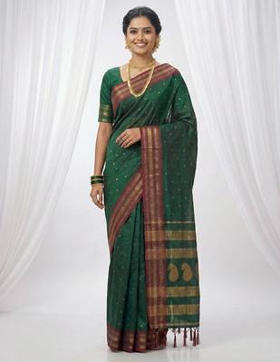 the emerald empress: dark green soft silk blend saree with rich crimson red zari border 1
