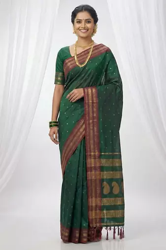 the emerald empress: dark green soft silk blend saree with rich crimson red zari border