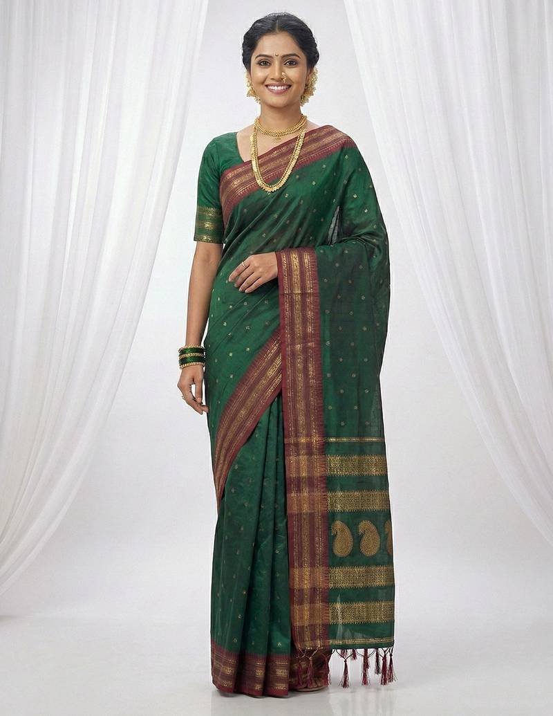 the emerald empress: dark green soft silk blend saree with rich crimson red zari border