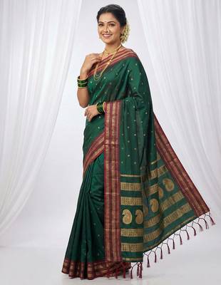 the emerald empress: dark green soft silk blend saree with rich crimson red zari border 2
