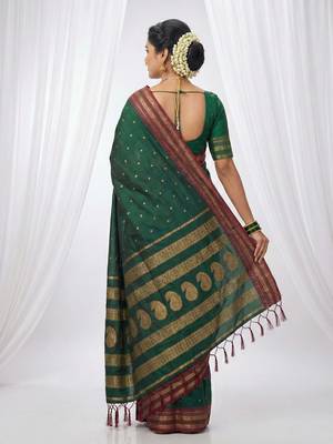 the emerald empress: dark green soft silk blend saree with rich crimson red zari border 3