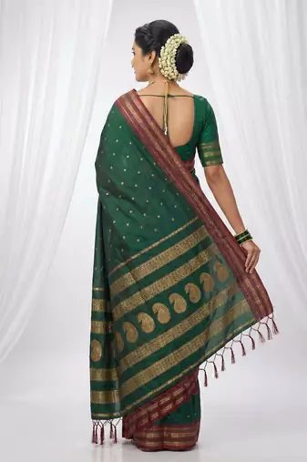 the emerald empress: dark green soft silk blend saree with rich crimson red zari border