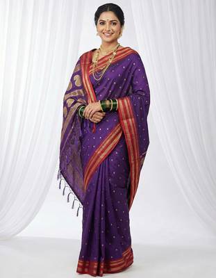 the majestic amethyst: royal purple soft silk blend saree with contrast red zari border 1