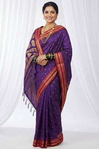 the majestic amethyst: royal purple soft silk blend saree with contrast red zari border