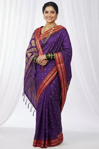 the majestic amethyst: royal purple soft silk blend saree with contrast red zari border