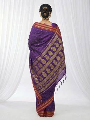 the majestic amethyst: royal purple soft silk blend saree with contrast red zari border 2