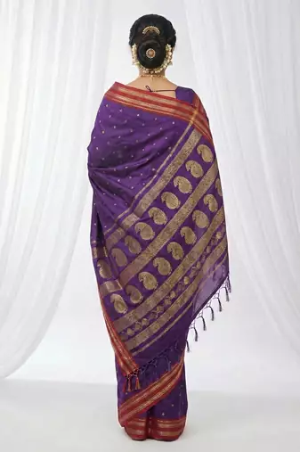 the majestic amethyst: royal purple soft silk blend saree with contrast red zari border