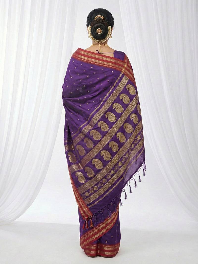 the majestic amethyst: royal purple soft silk blend saree with contrast red zari border