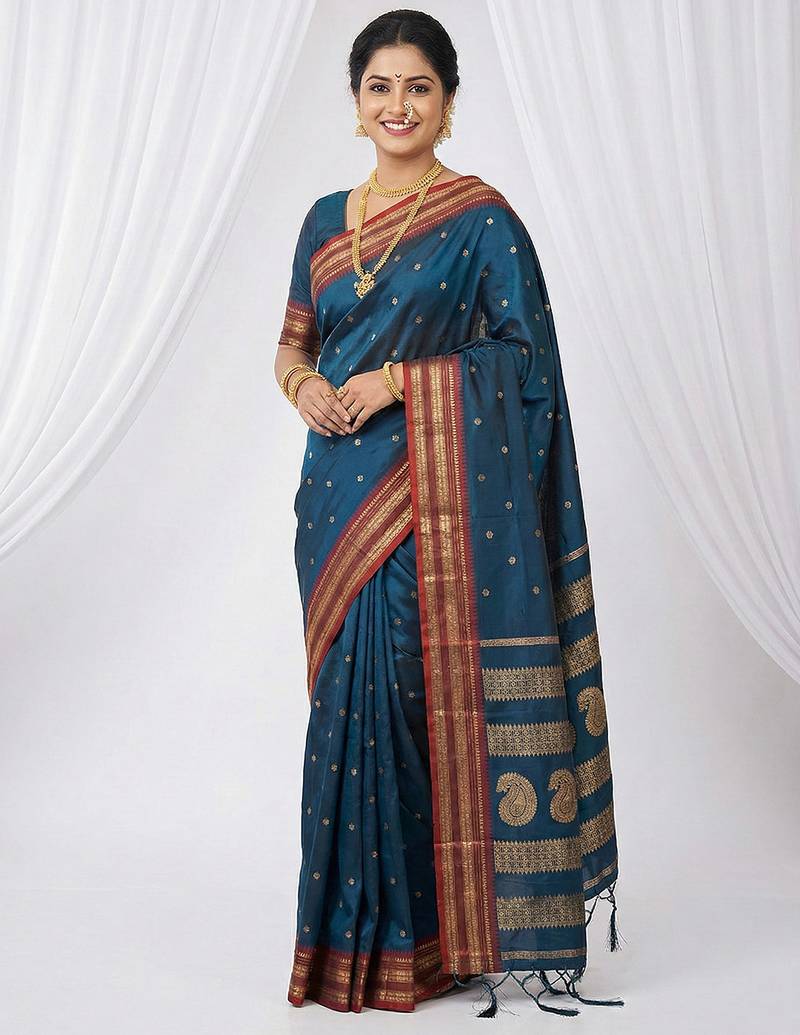 the peacock hue: teal blue soft silk blend saree with contrast red zari border