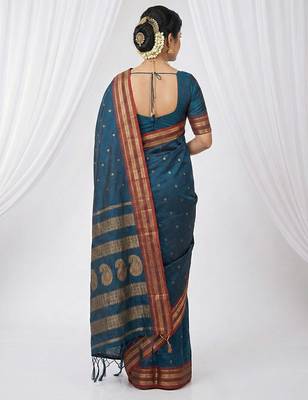 the peacock hue: teal blue soft silk blend saree with contrast red zari border 2