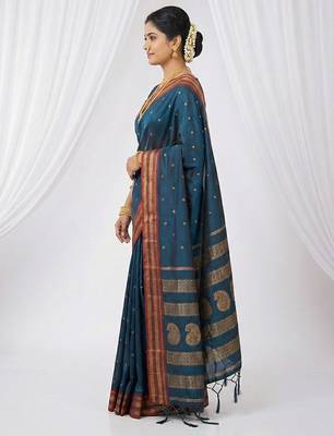 the peacock hue: teal blue soft silk blend saree with contrast red zari border 3