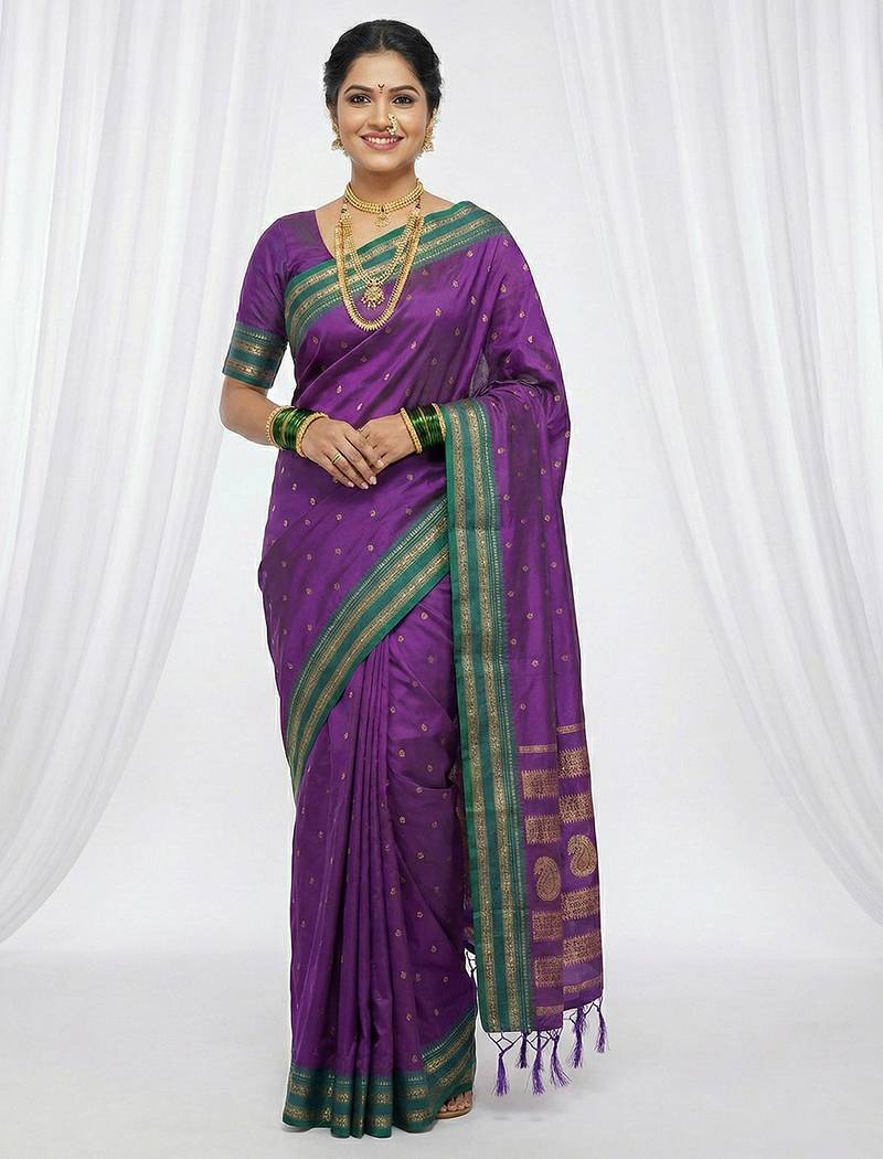 the peacock hue: violet soft silk blend saree with contrast green zari border