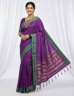 the peacock hue: violet soft silk blend saree with contrast green zari border 2