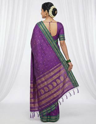 the peacock hue: violet soft silk blend saree with contrast green zari border 3