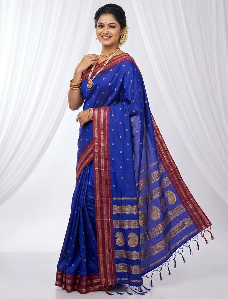 the peacock hue: blue soft silk blend saree with contrast red zari border