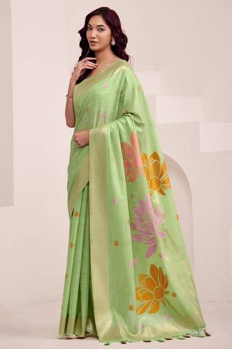 Women pista green & gold floral printed linen silk blend saree