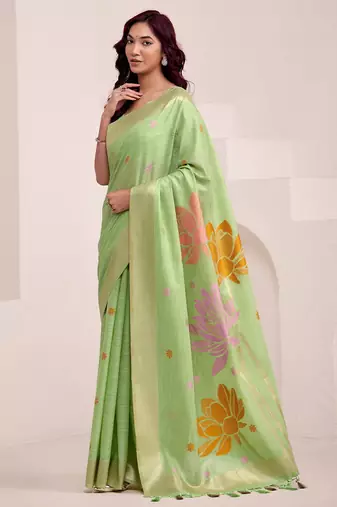Women pista green & gold floral printed linen silk blend saree