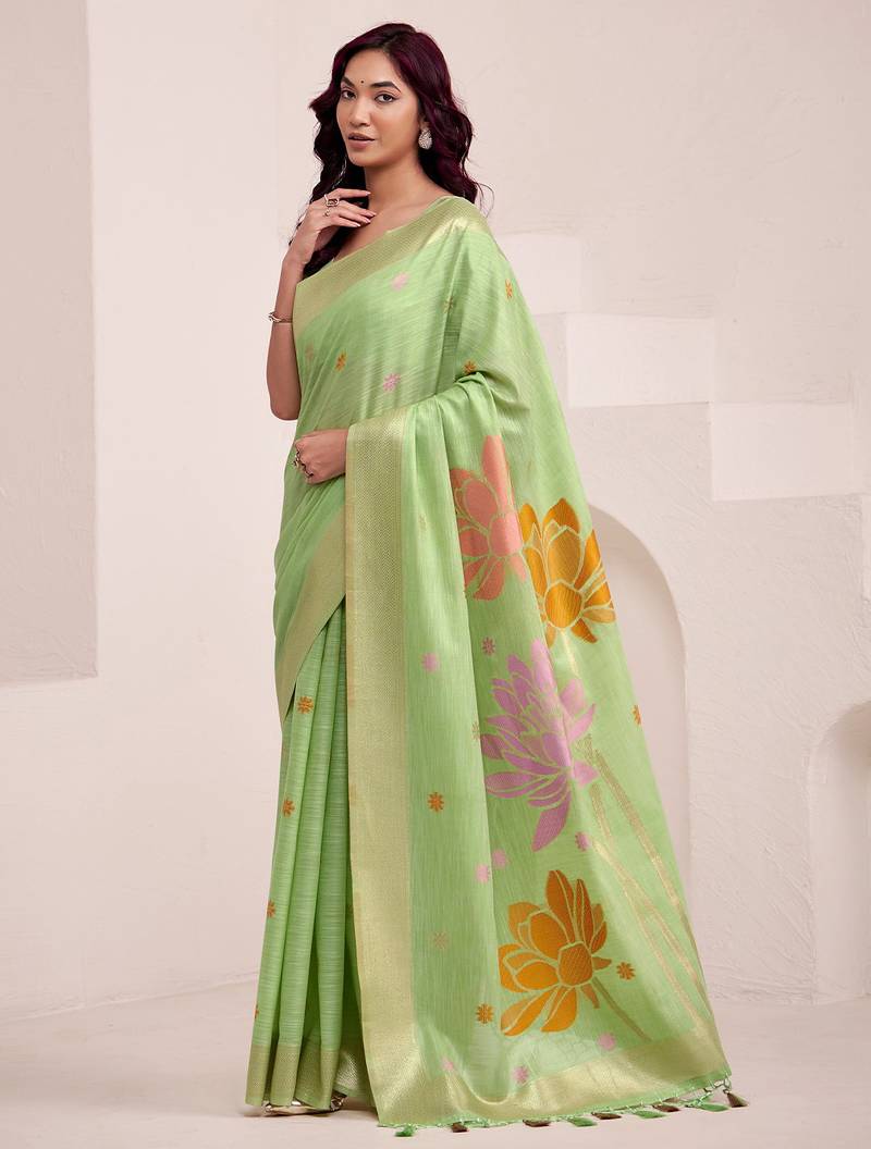 Women pista green & gold floral printed linen silk blend saree