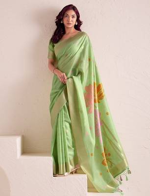 Women pista green & gold floral printed linen silk blend saree 2