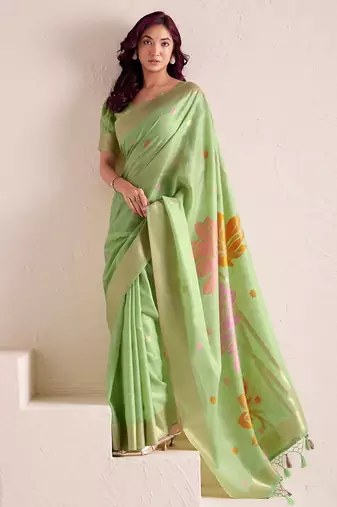 Women pista green & gold floral printed linen silk blend saree