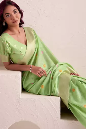 Women pista green & gold floral printed linen silk blend saree