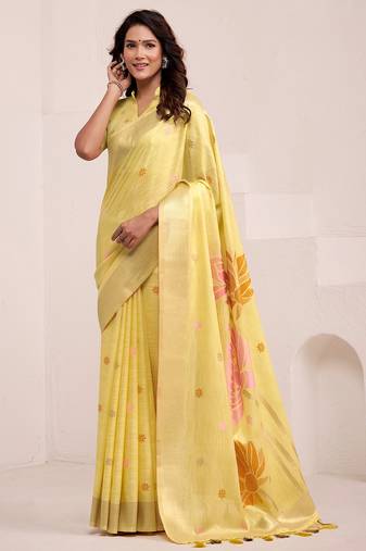 Women mustard yellow & pink floral printed linen silk blend saree