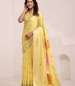 Women mustard yellow & pink floral printed linen silk blend saree