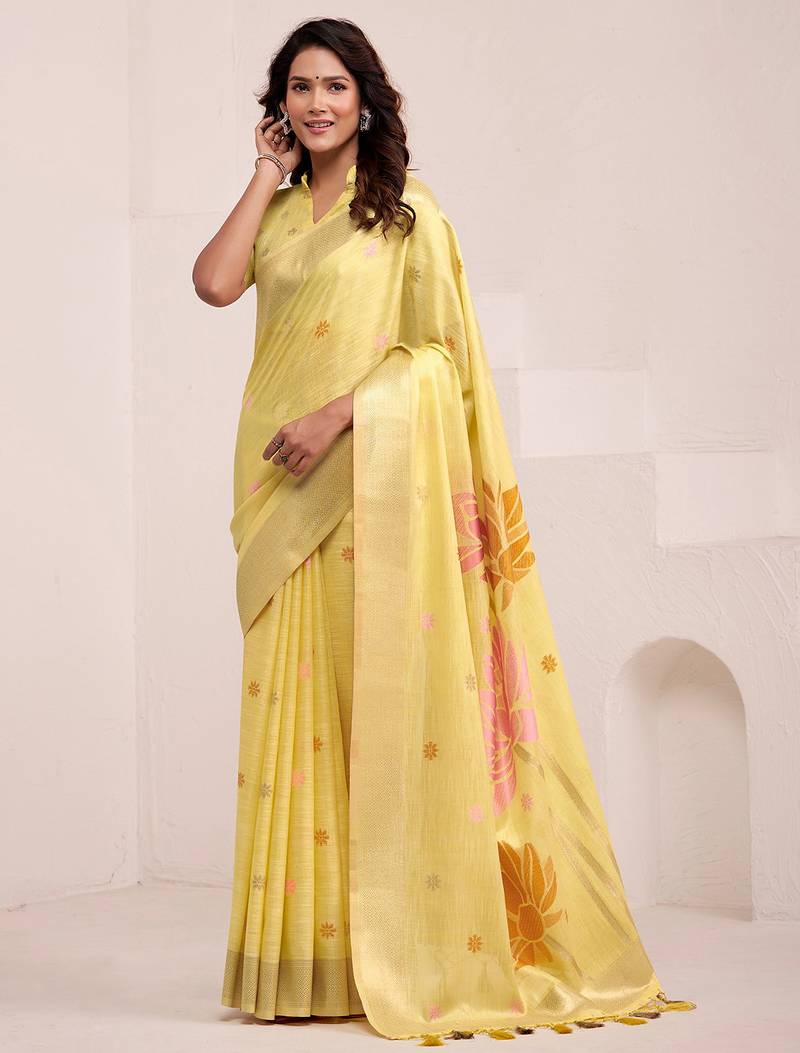 Women mustard yellow & pink floral printed linen silk blend saree