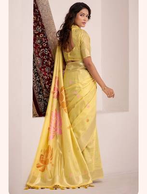 Women mustard yellow & pink floral printed linen silk blend saree 2