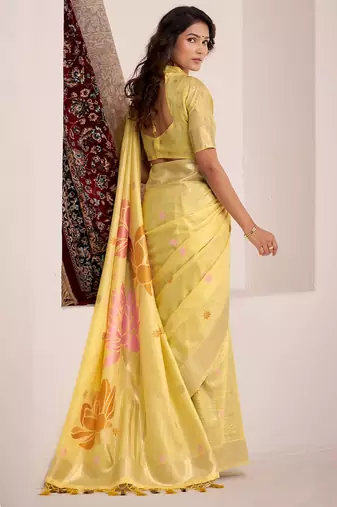 Women mustard yellow & pink floral printed linen silk blend saree
