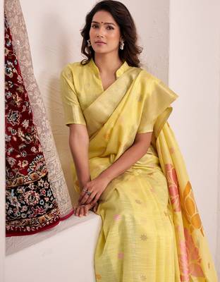 Women mustard yellow & pink floral printed linen silk blend saree 3