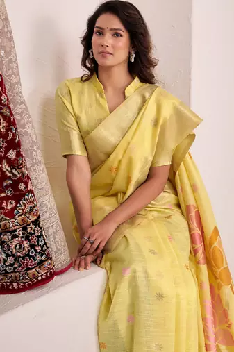 Women mustard yellow & pink floral printed linen silk blend saree