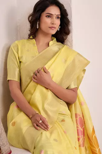 Women mustard yellow & pink floral printed linen silk blend saree